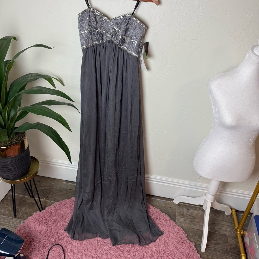 Dusty Directions Strapless Beaded Maxi Gown Silver Gray Size 4 - Picture 2 of 6